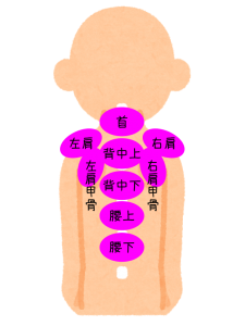 肩こり注射の部位・コンプリートセット9パーツの位置を図で説明してます。