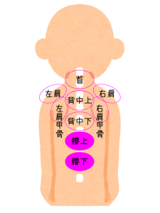 肩こり注射の部位・腰痛セット2パーツの位置を図で説明してます。